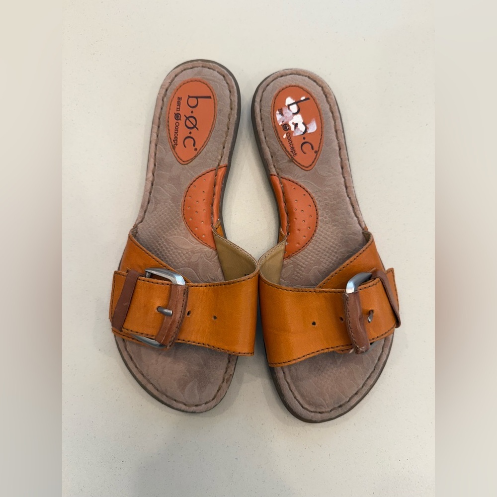 b.o.c. Tan Leather Buckle Slide Sandals